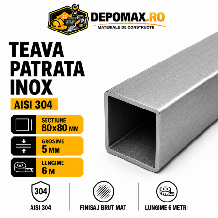 Teava patrata inox AISI 304, 80 x 80 x 5 mm, 6 metri